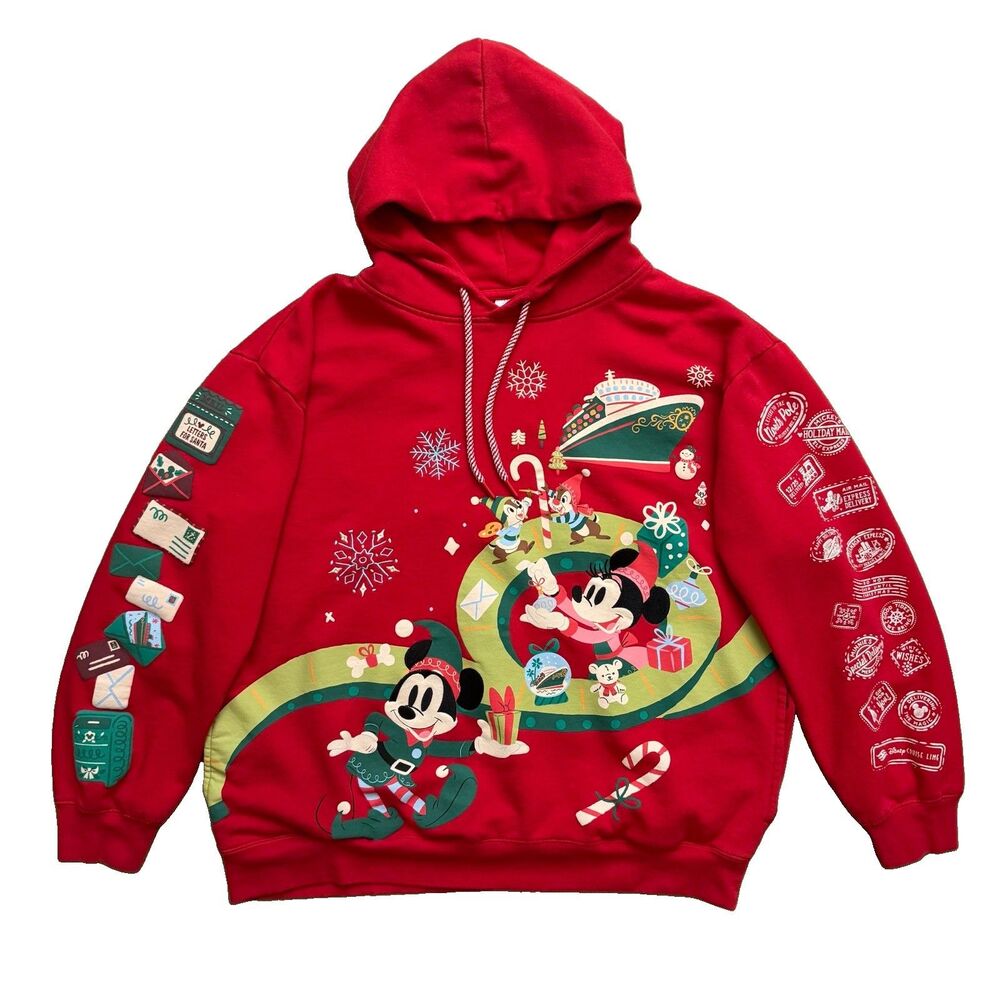 Disney Parks Mickey & Friends AOP Holiday Christmas Hoodie Size L Red Pullover